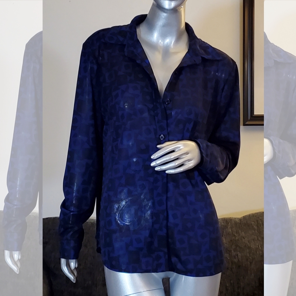 INC Button-Down Blouse – Dark Blue/Black, Size Large, Excellent Condition